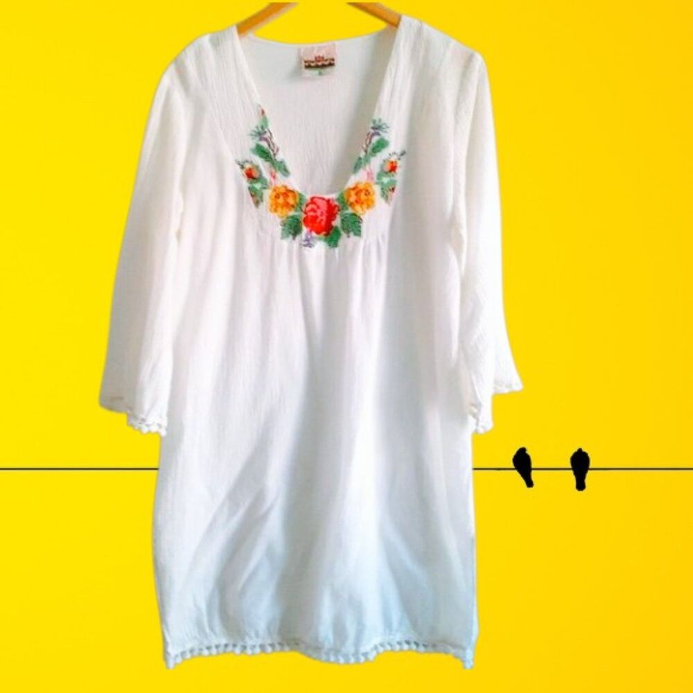 Cake Couture White Boho Pompom Embroidered 100% Cotton Vacation Tunic Dress OS